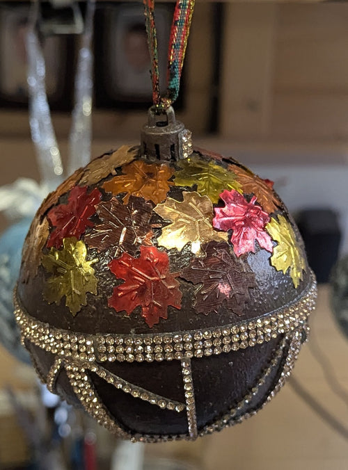 Autumn Leaves & Rhinestone Christmas Bauble – Handcrafted Plastic Ornament