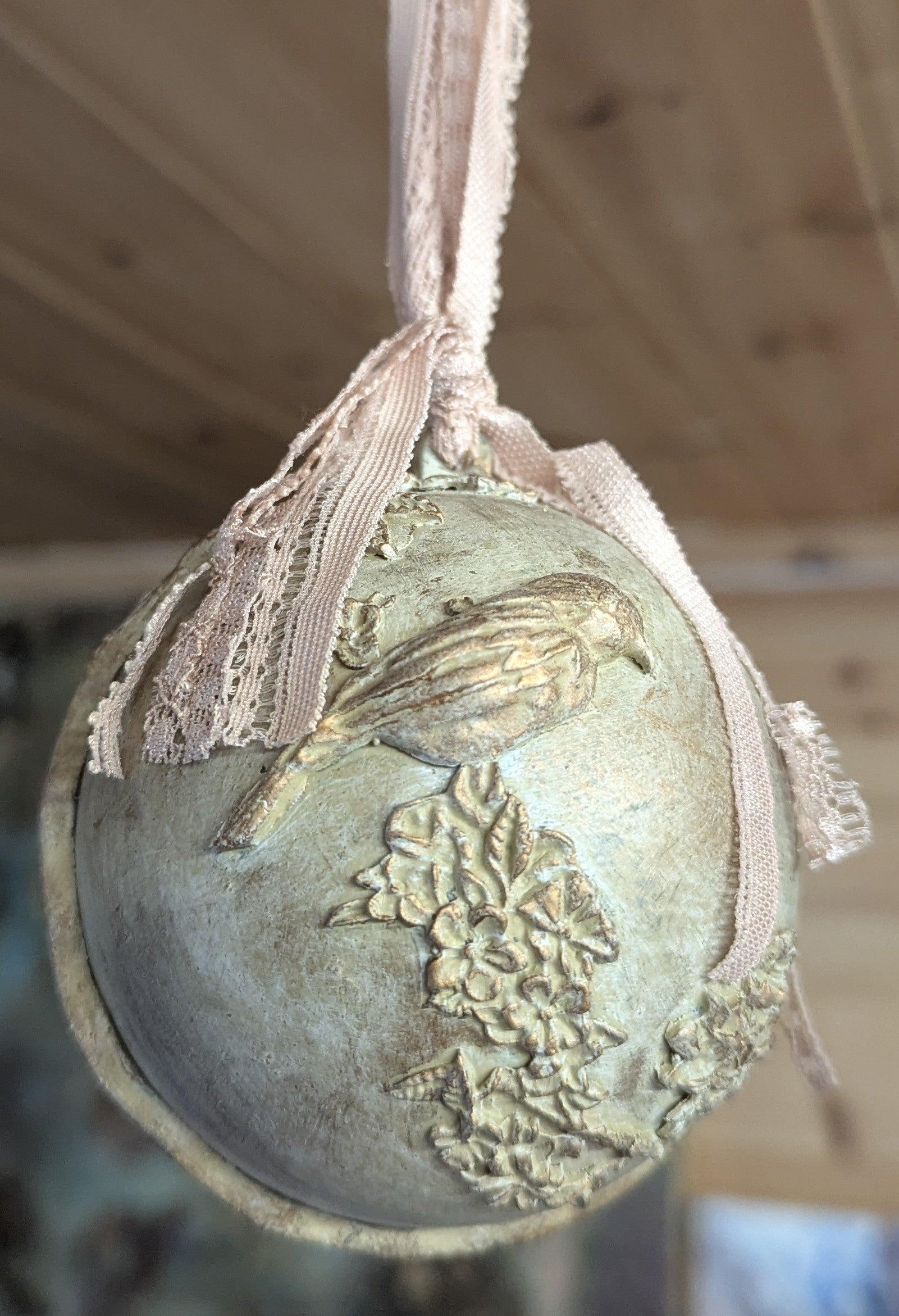 Vintage Bird & Floral Ornament – Antiqued Plastic Bauble - Christmas