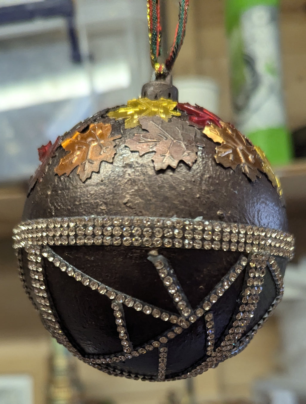 Autumn Leaves & Rhinestone Christmas Bauble – Handcrafted Plastic Ornament