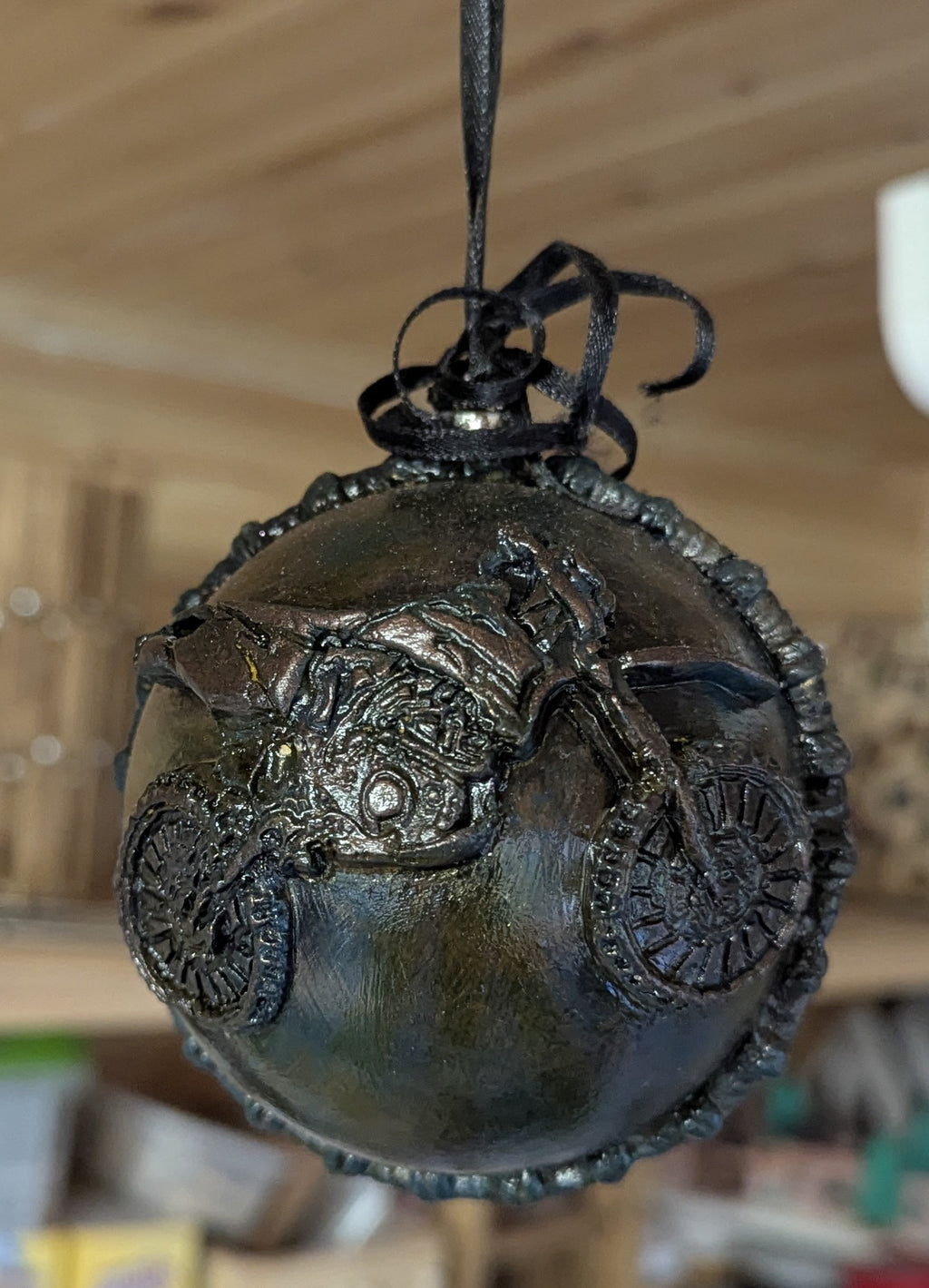 Embossed Motorcycle Christmas Bauble – Metallic Plastic Ornament