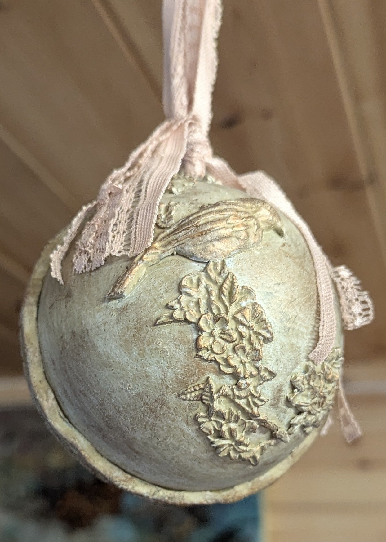 Vintage Bird & Floral Ornament – Antiqued Plastic Bauble - Christmas