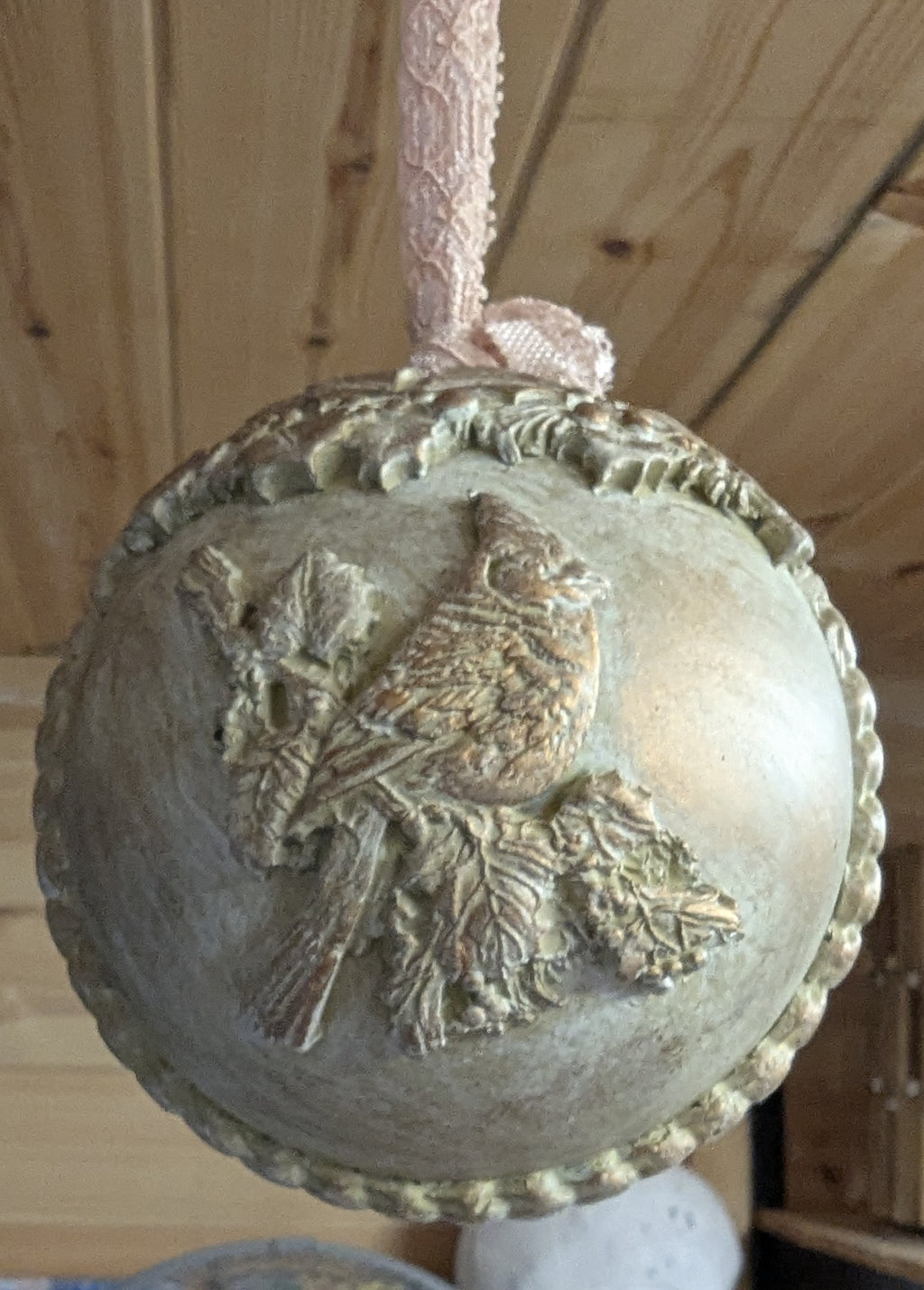 Clay Bird & Branch Bauble – Textured Plastic Christmas Ornament