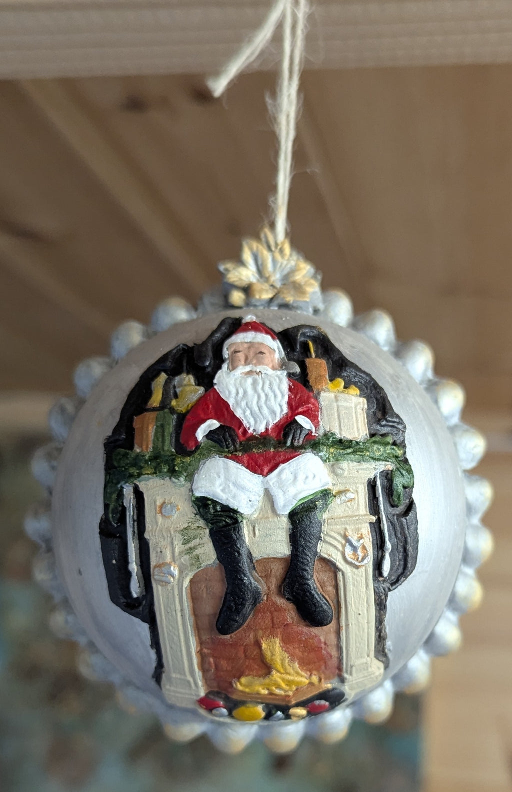 Santa on Fireplace Bauble – Festive Plastic Christmas Ornament