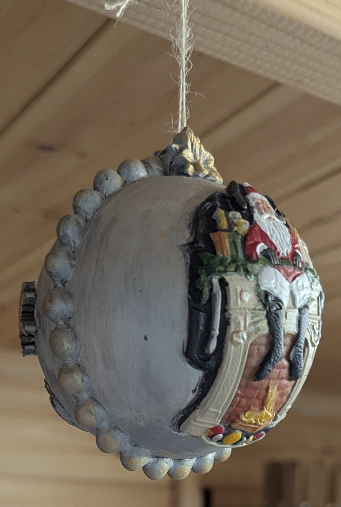 Santa on Fireplace Bauble – Festive Plastic Christmas Ornament