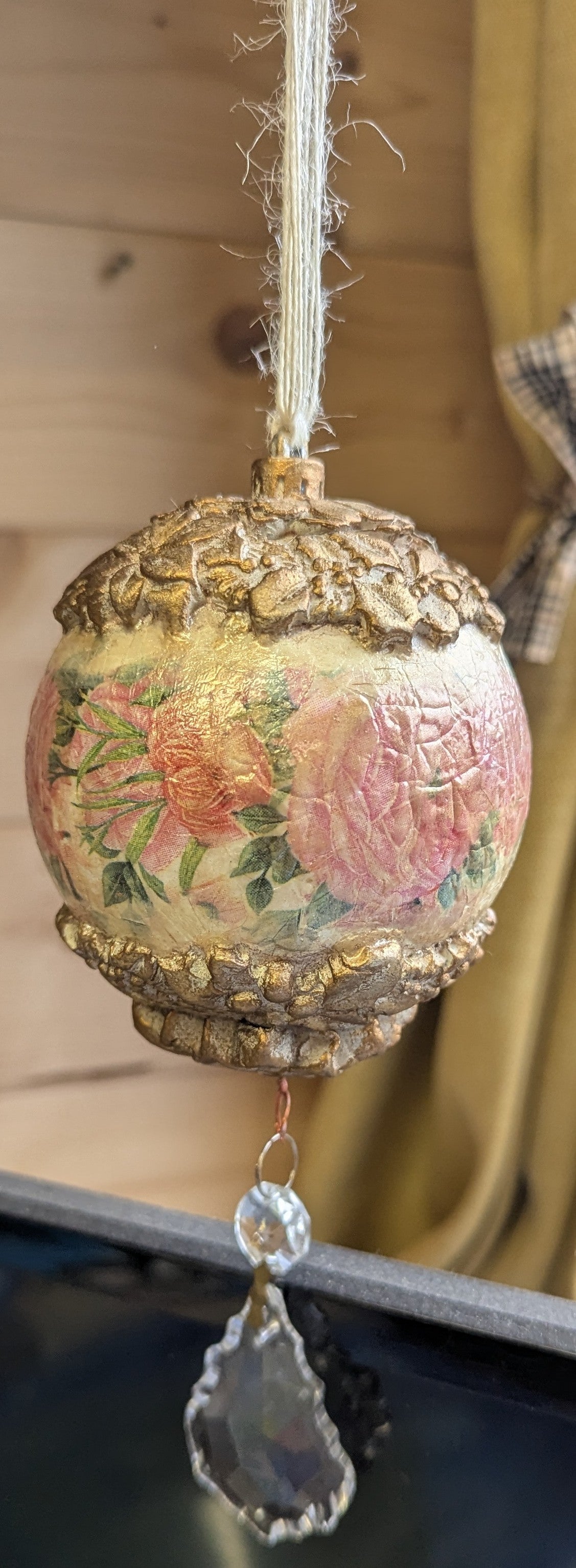 Vintage-Style Floral Christmas Bauble with Crystal Drop