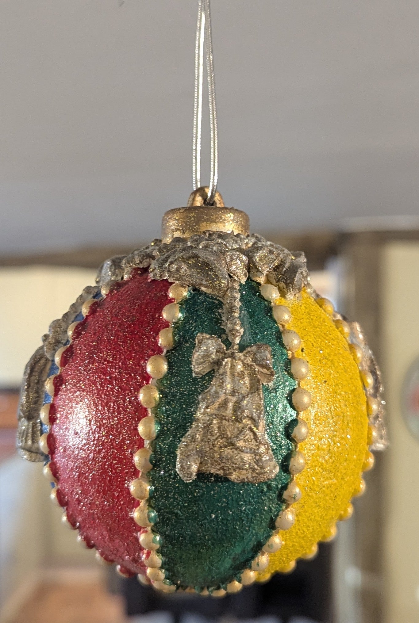 Multicolour Glitter Christmas Bauble – Plastic Ornament with Gold Bell Motif