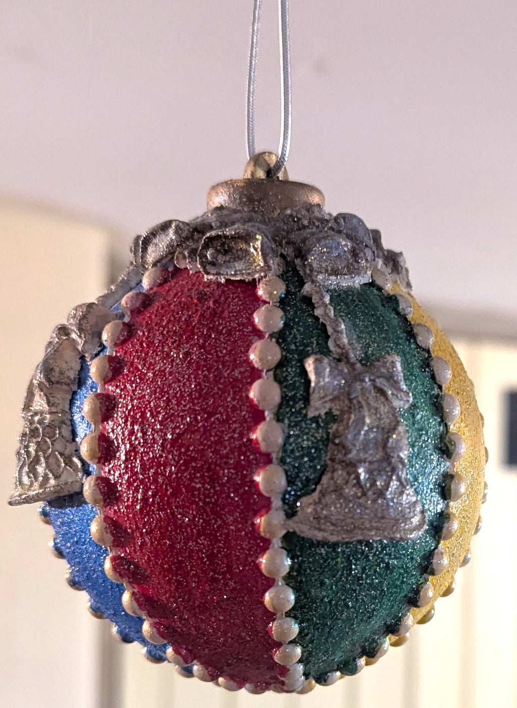 Multicolour Glitter Christmas Bauble – Plastic Ornament with Gold Bell Motif