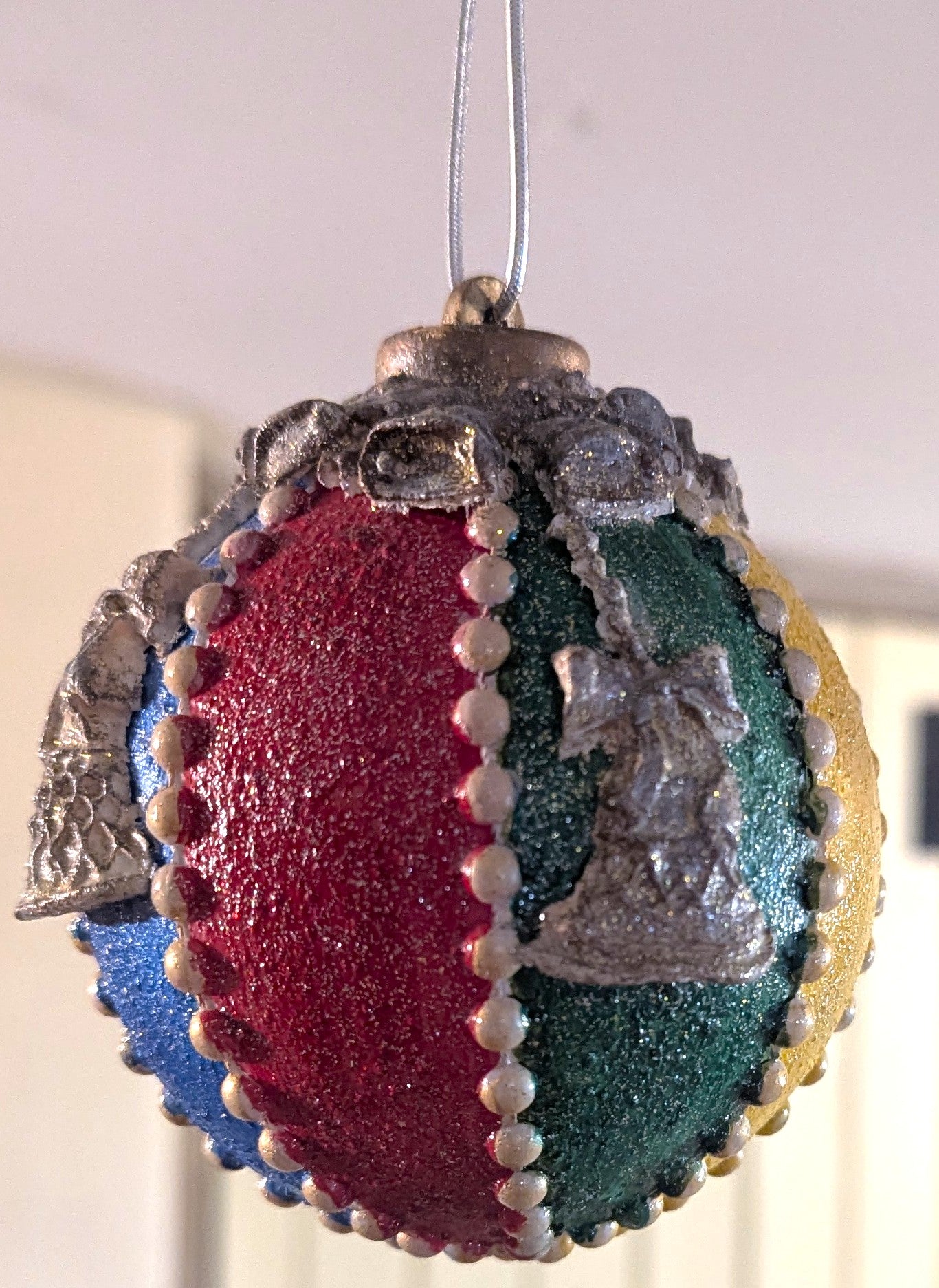 Multicolour Glitter Christmas Bauble – Plastic Ornament with Gold Bell Motif