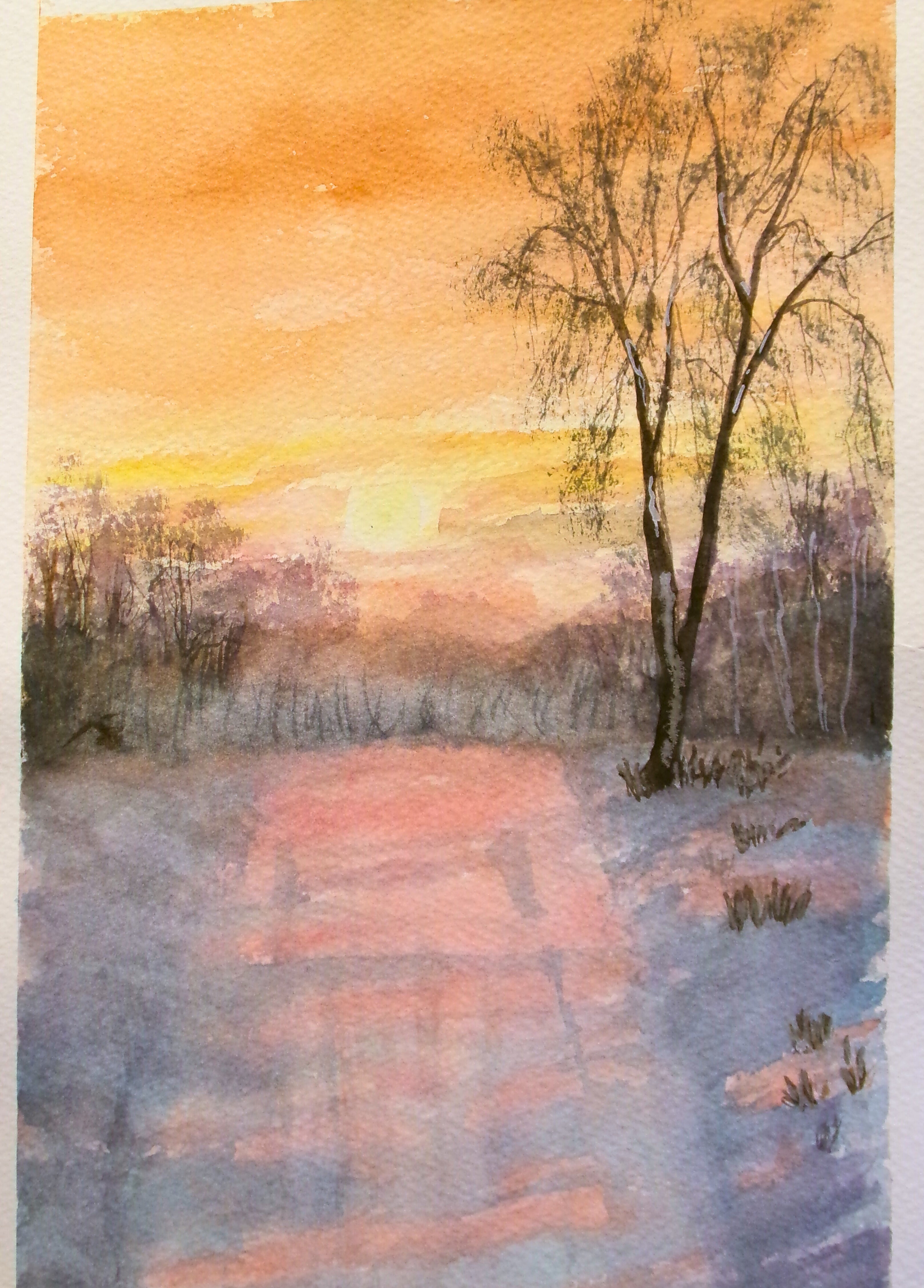 “Winter Glow” – Original Watercolor Sunset Landscape