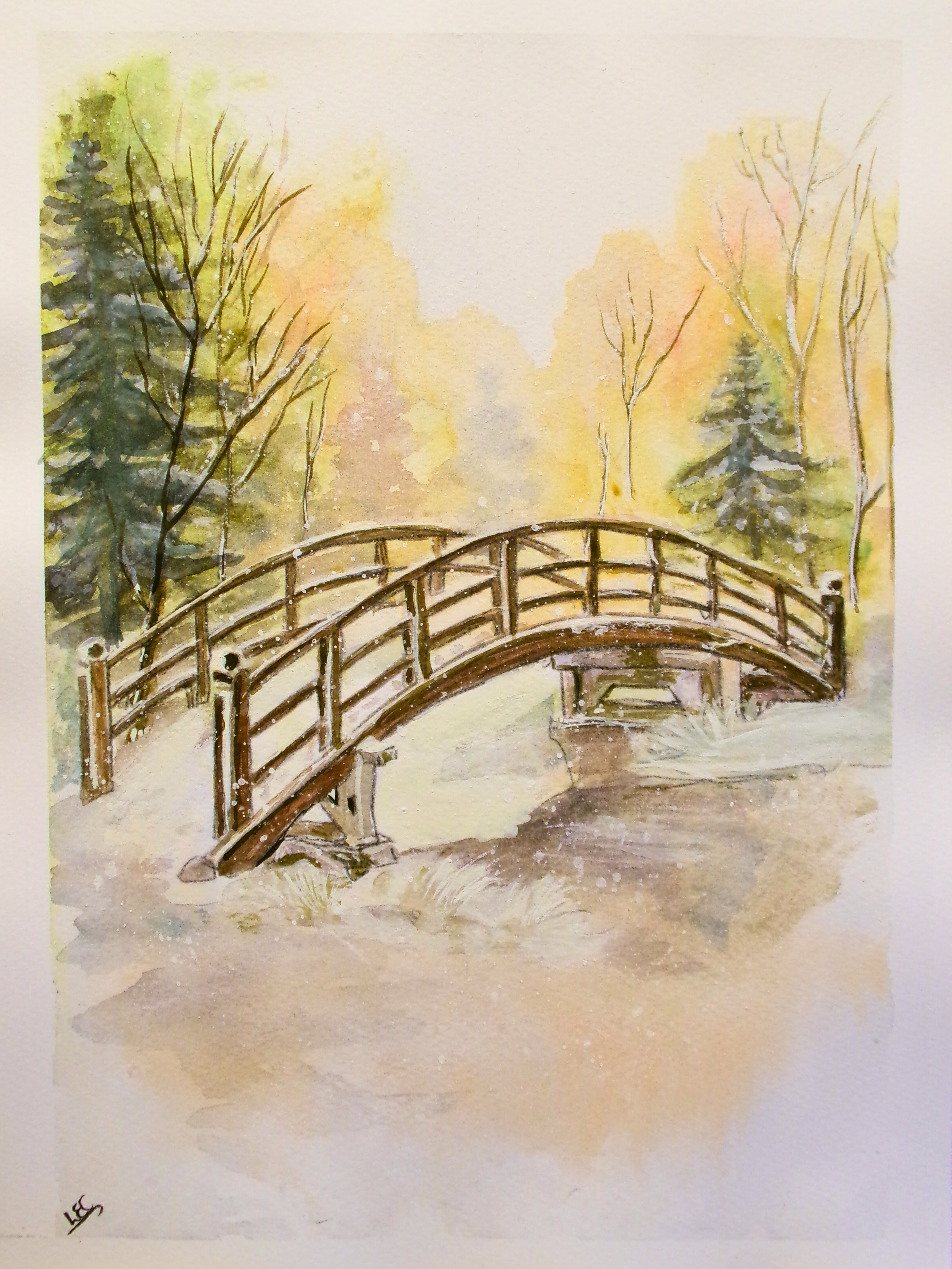 “Autumn Passage” – Original Watercolor Landscape with Bridge