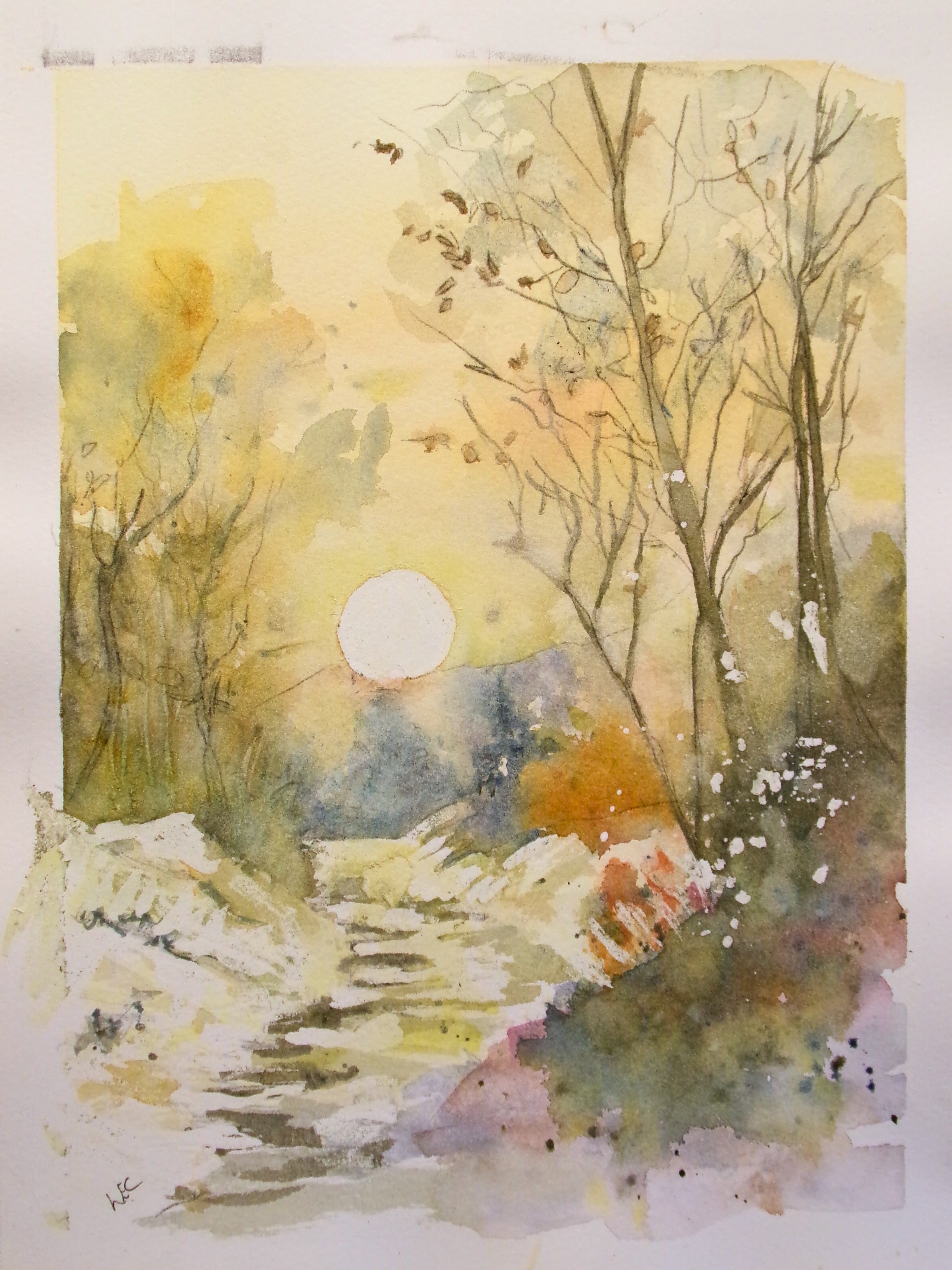 “Golden Quiet” – Original Watercolor Sunrise Landscape
