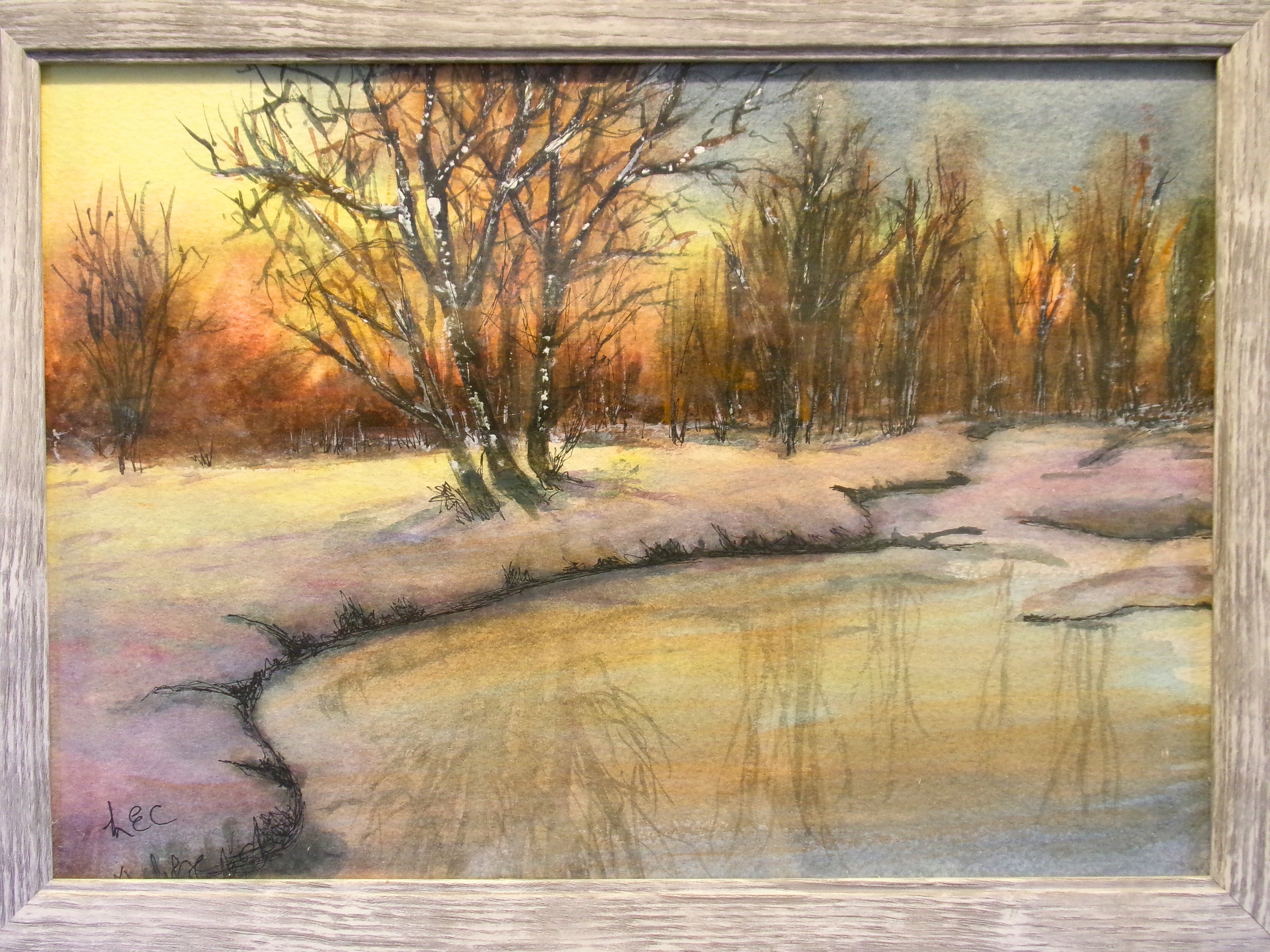 “Reflections at Dusk” – Original Framed Watercolor Winter Landscape