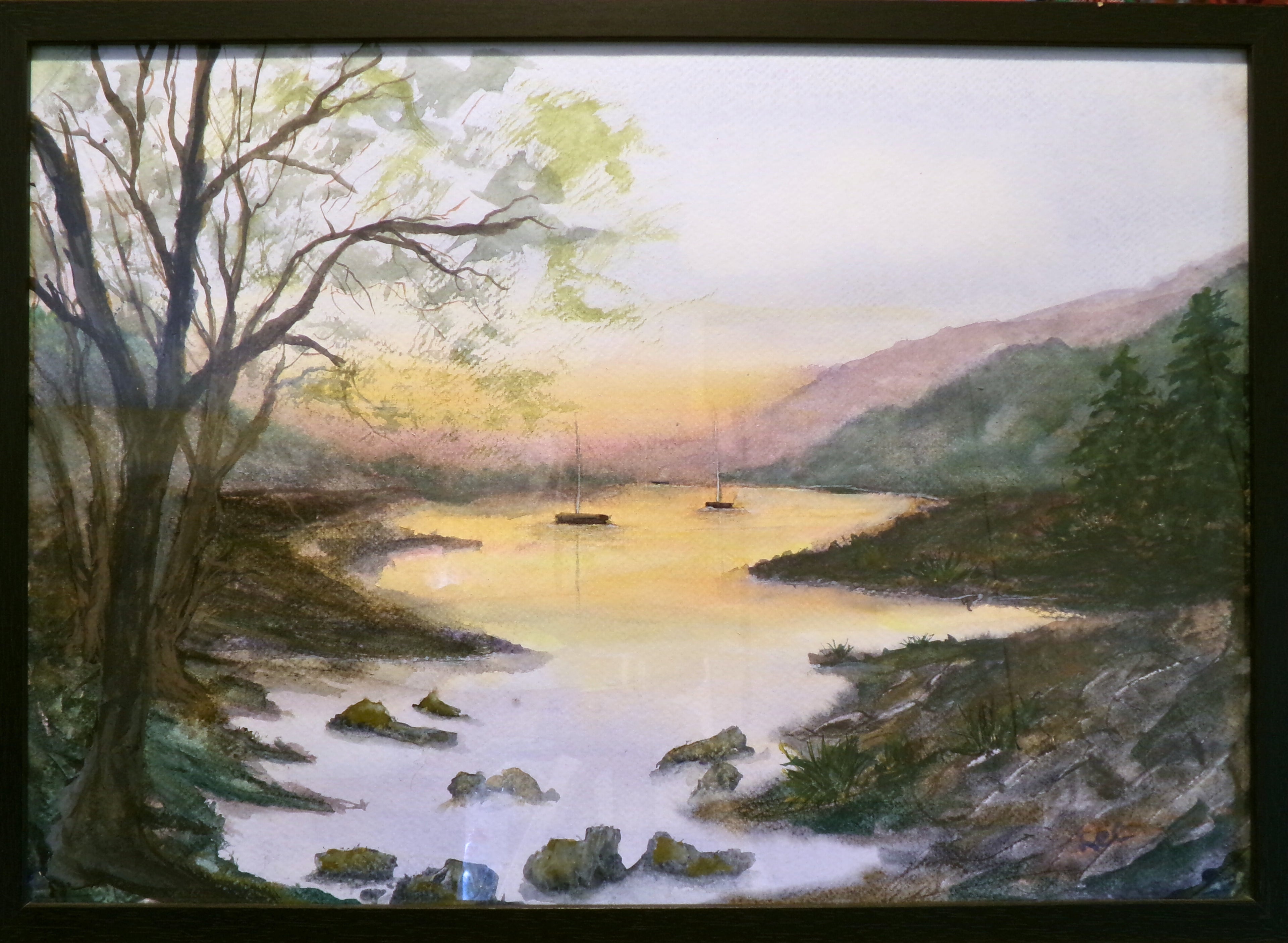 “Anchored Light” – Original Framed Watercolor Coastal Sunset Scene