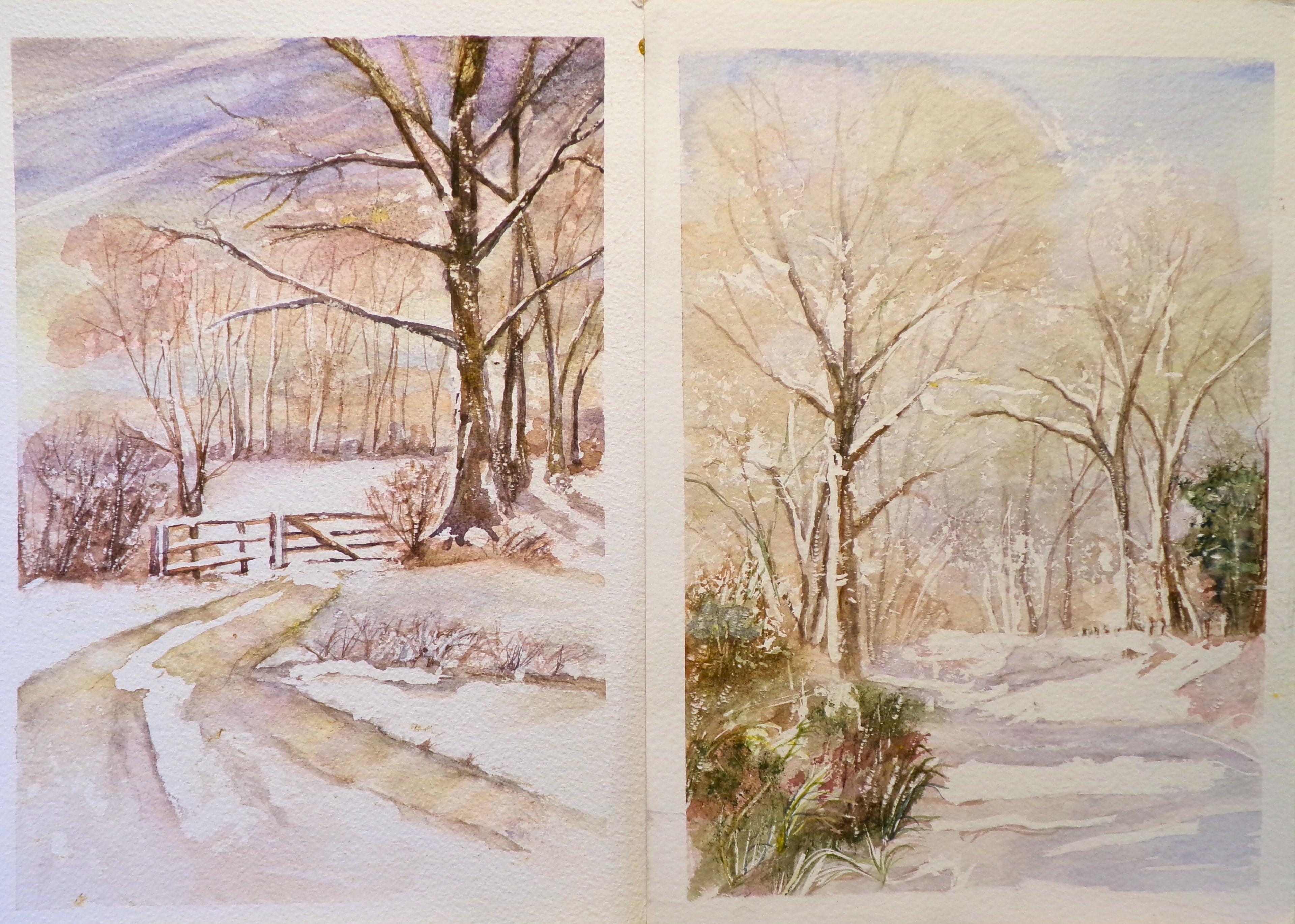 “Winter Paths” – Set of Two Original Framed Watercolor Landscapes