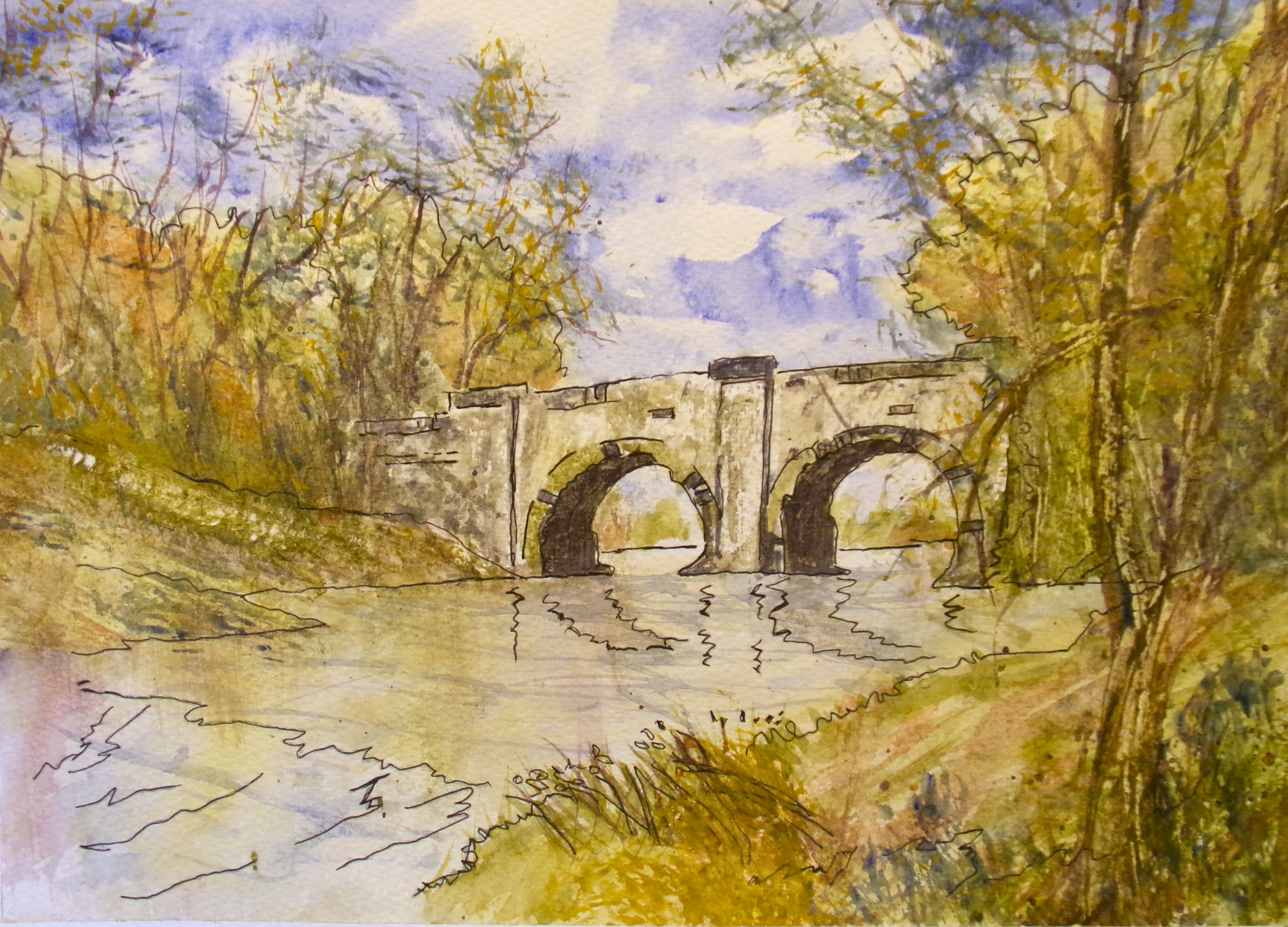 “Bridge in Autumn” – Original Framed Watercolor Landscape