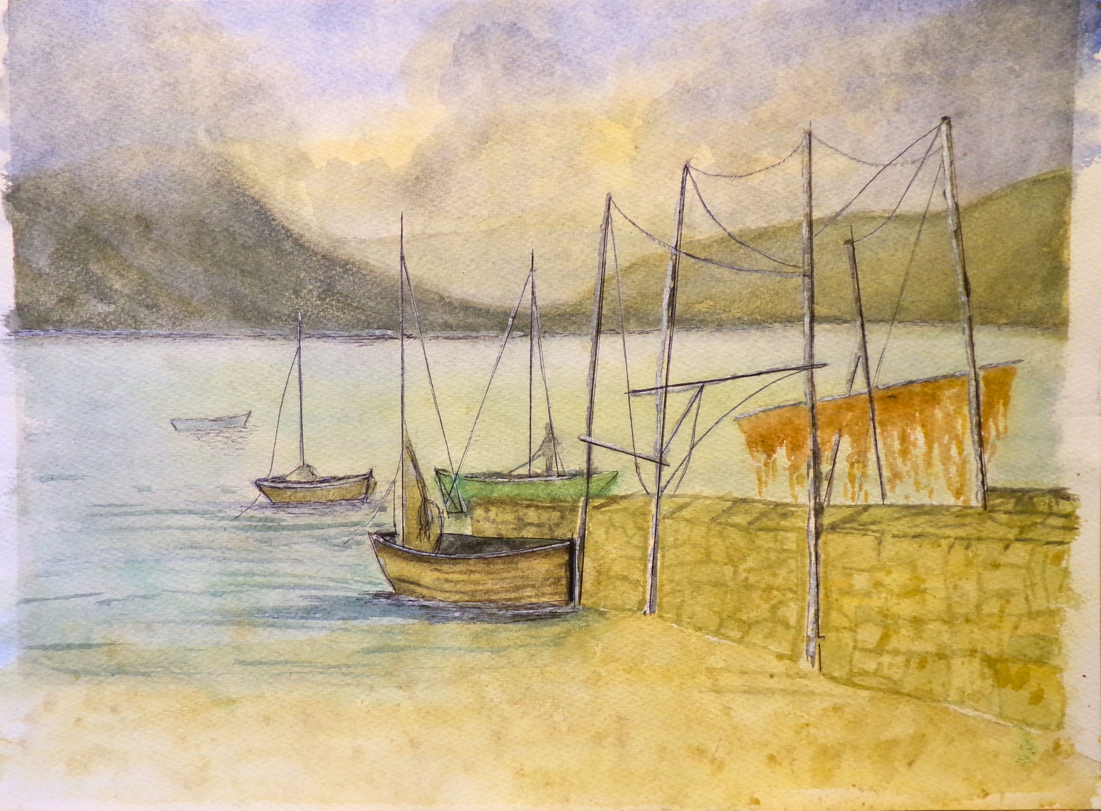 “Harbor Quiet” – Original Framed Watercolor Coastal Scene
