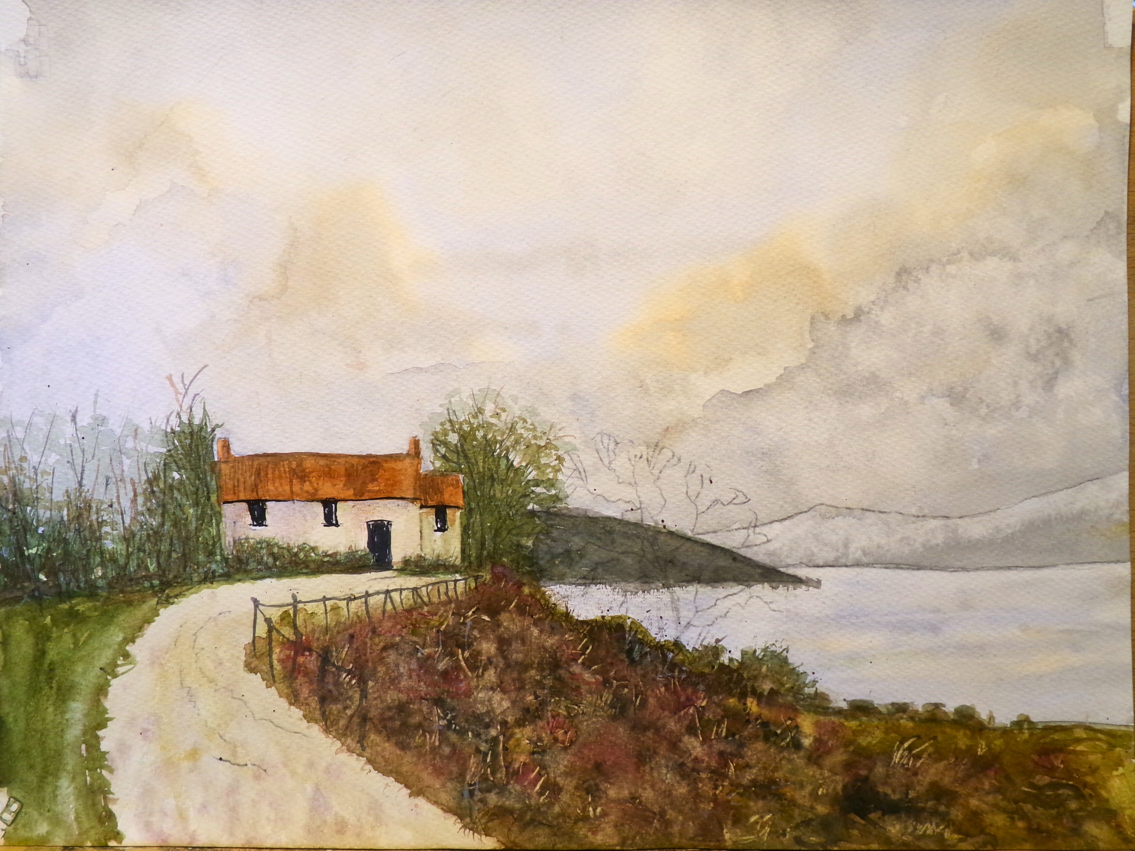 “Cottage by the Water” – Original Framed Watercolor Countryside Scene