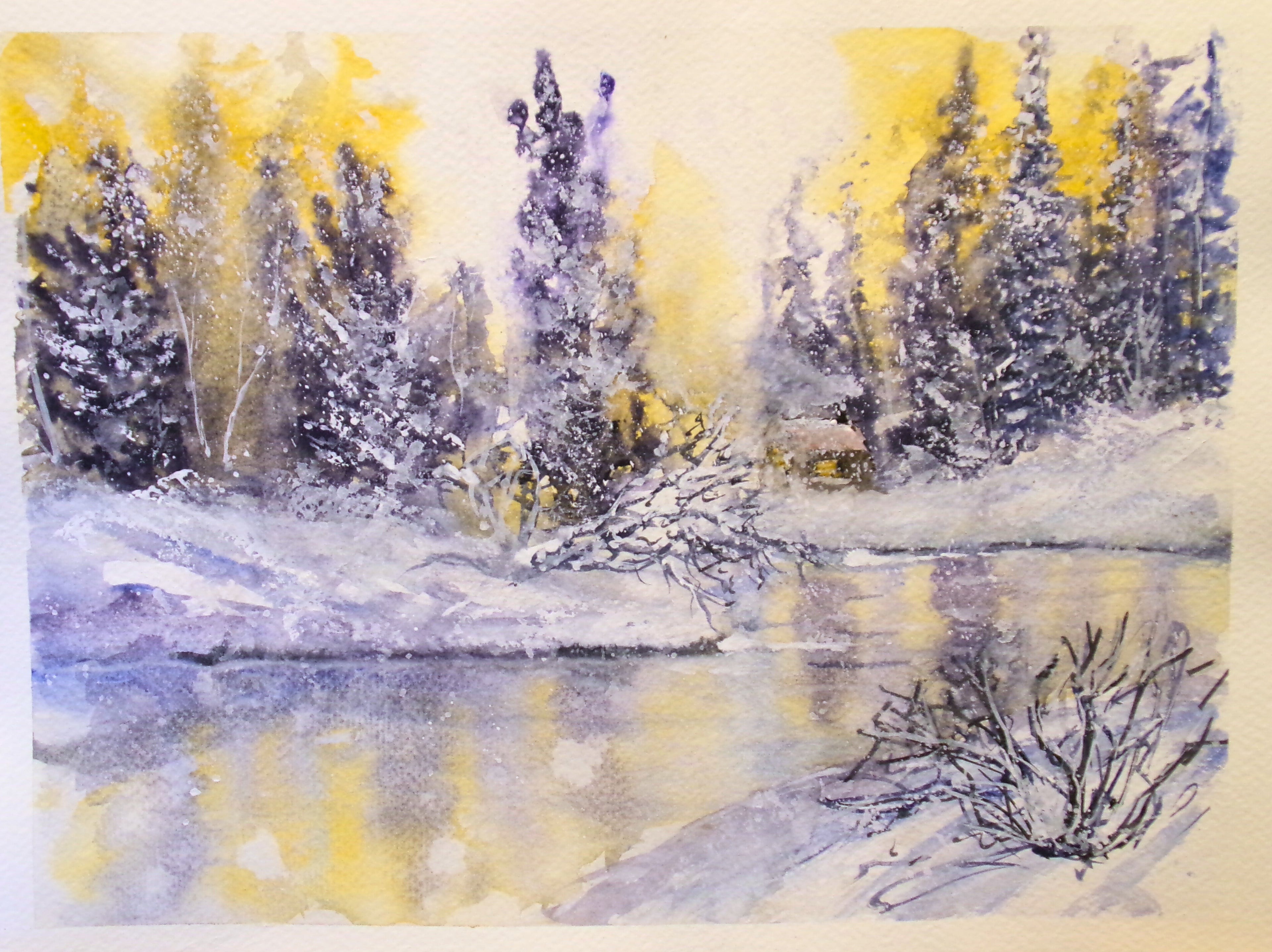 “Cabin Reflections” – Original Framed Watercolor Winter Landscape
