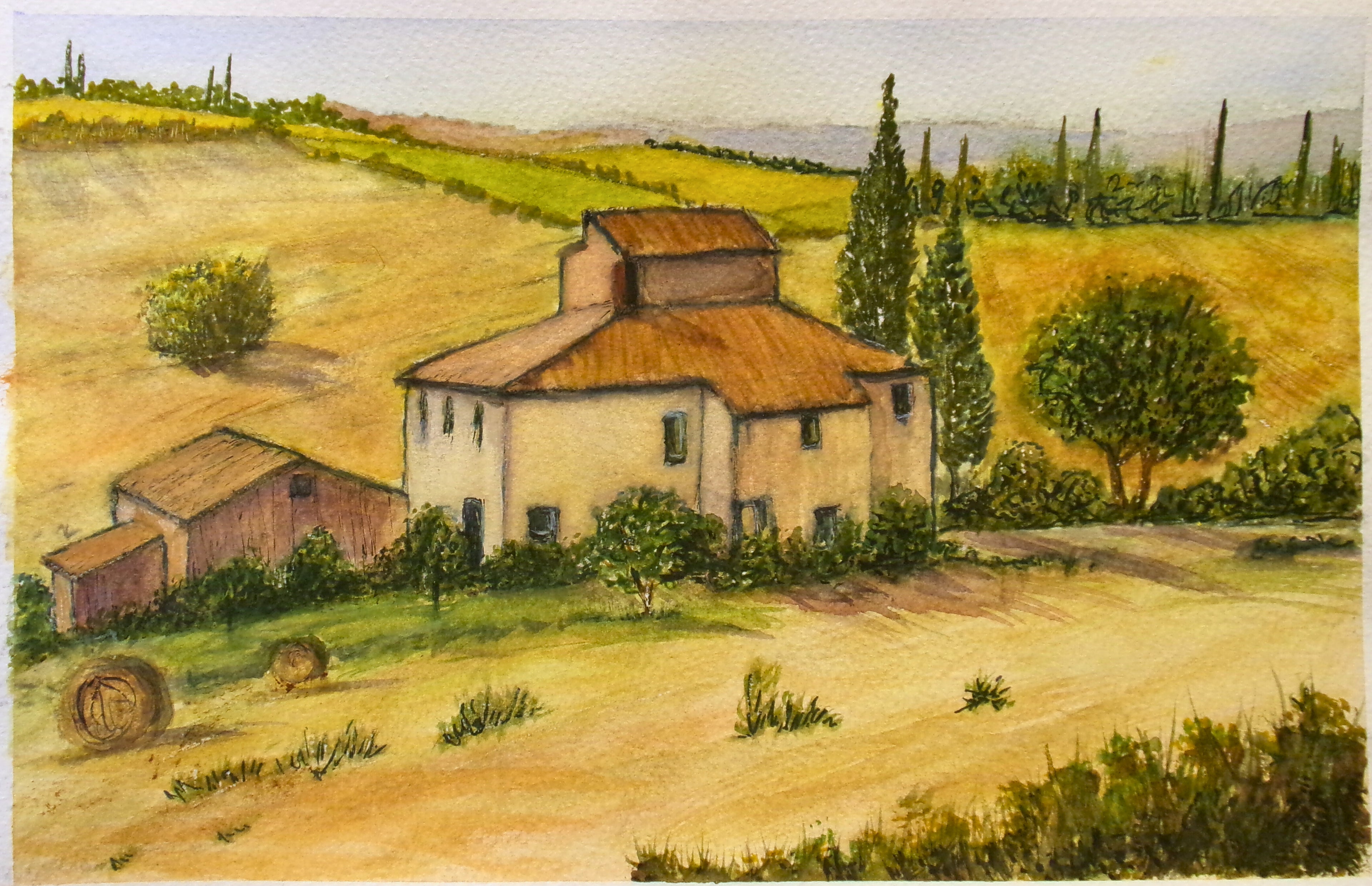 “Farmhouse View” – Original Framed Watercolor Countryside Landscape