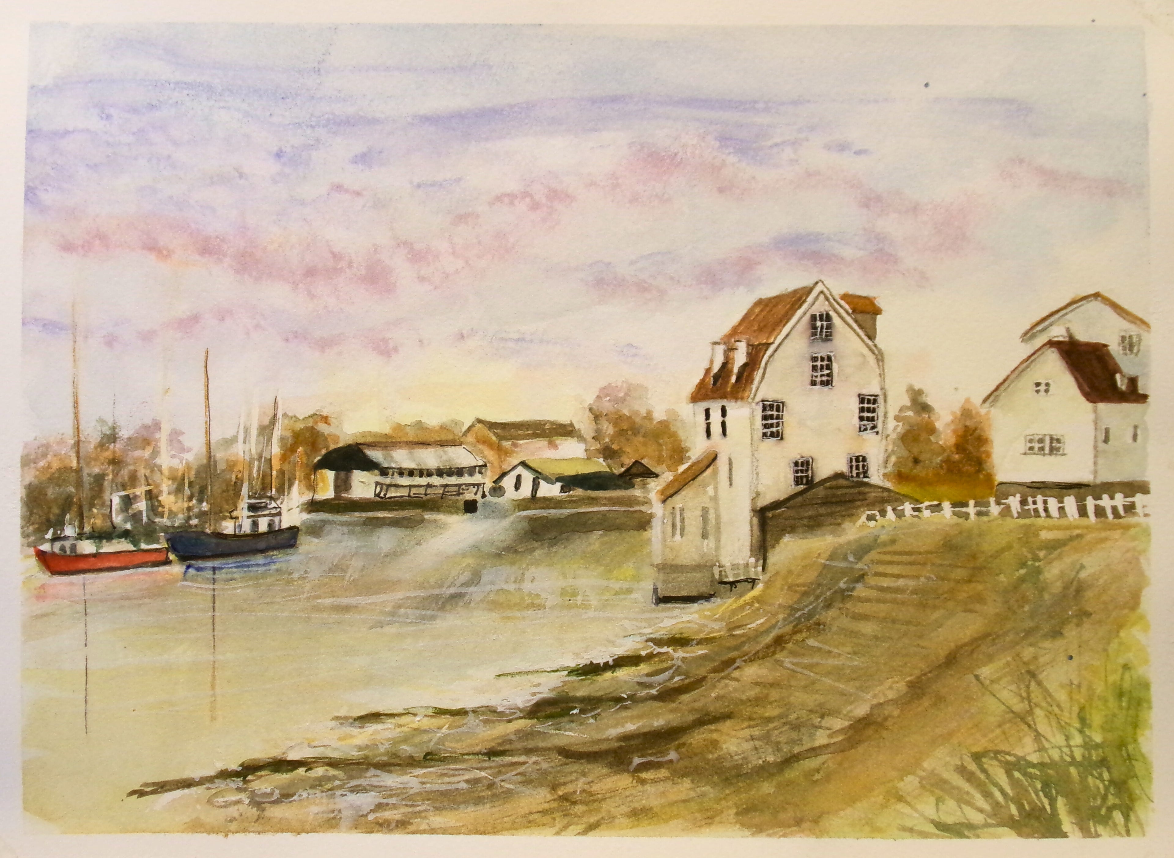 “Waterside Village” – Original Framed Watercolor Coastal Landscape