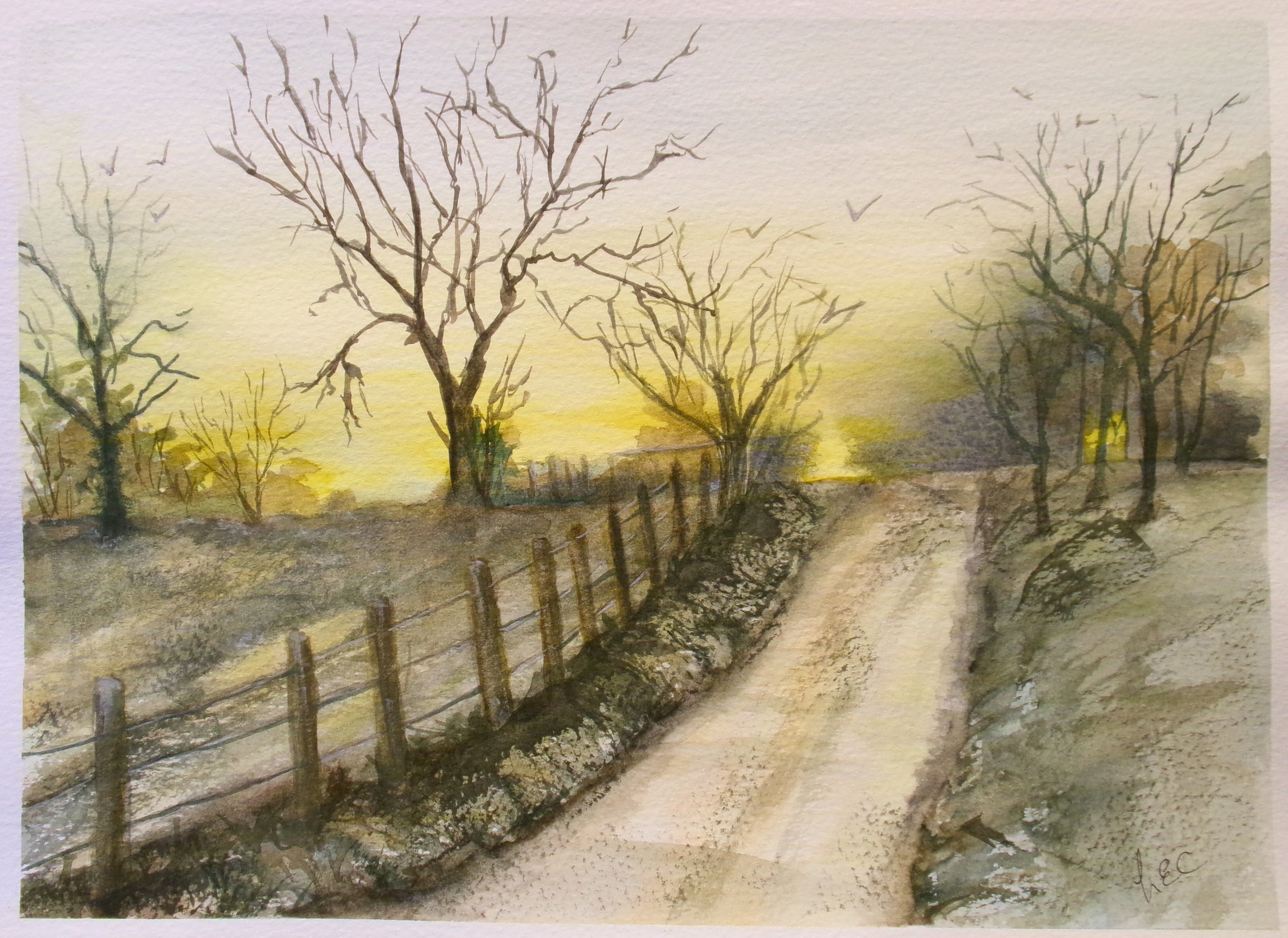 “Twilight Path” – Original Framed Watercolor Countryside Scene
