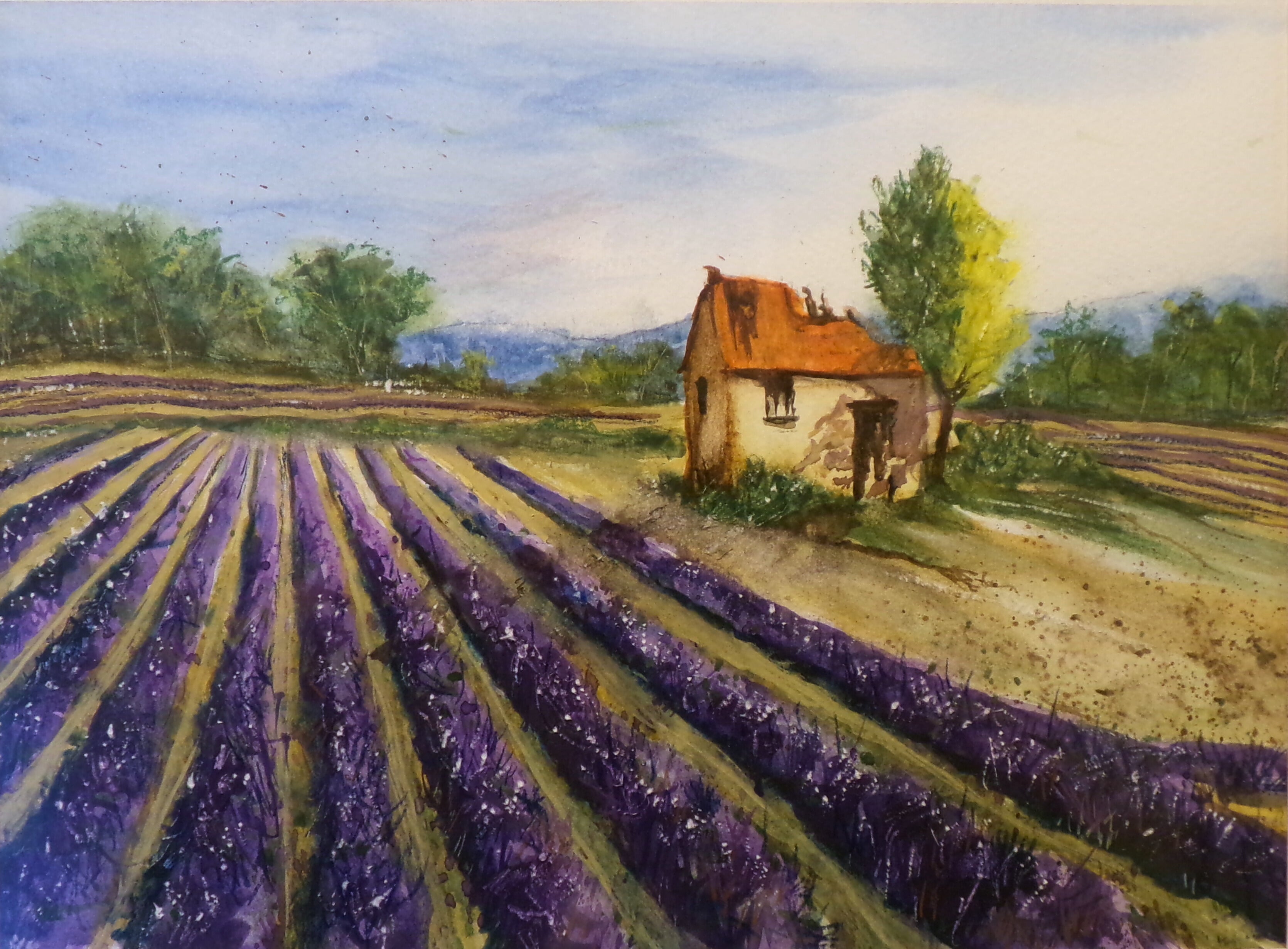 “Lavender Horizon” – Original Framed Watercolor Countryside Scene