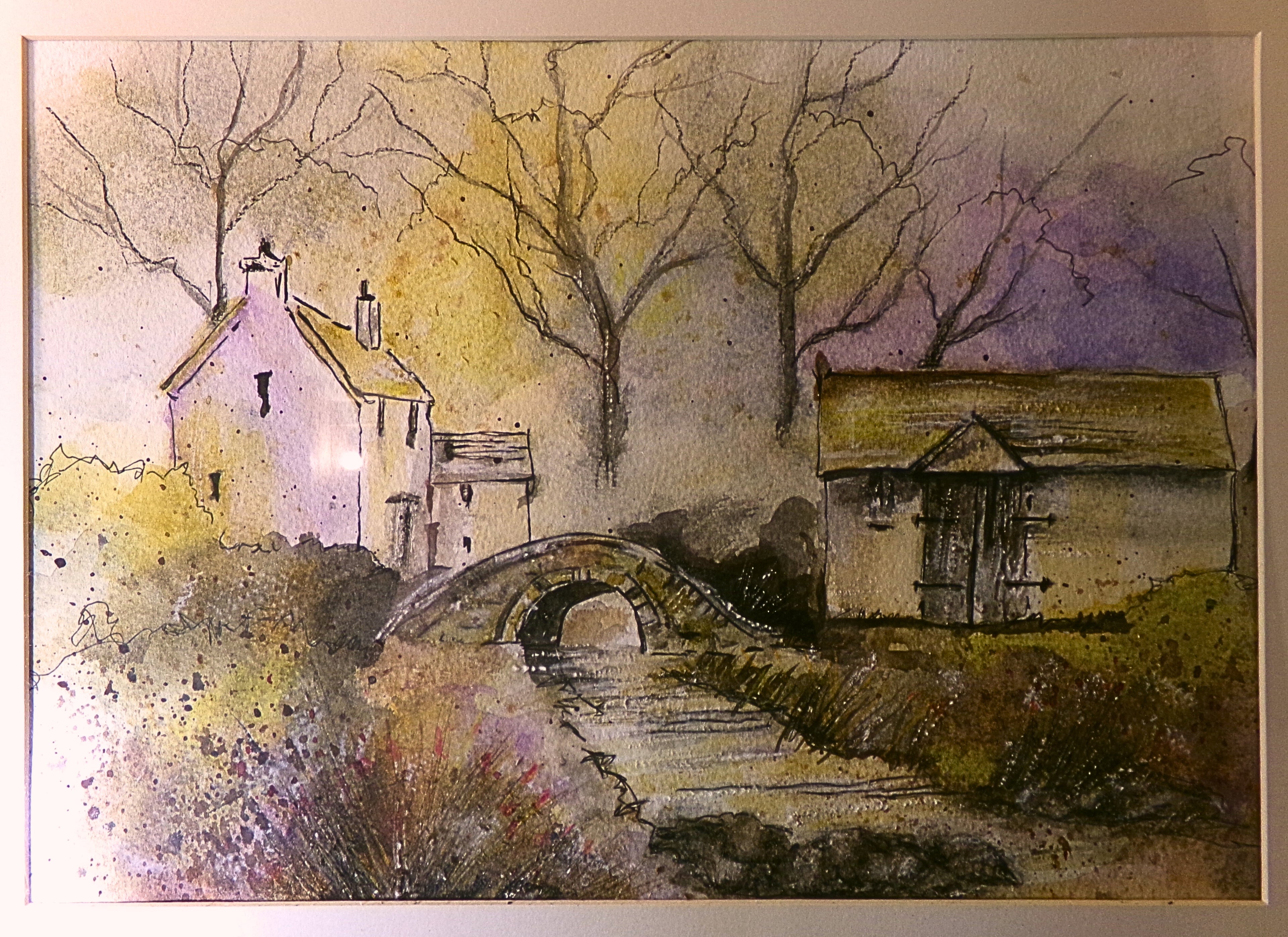 “Stone Bridge Cottage” – Original Framed Watercolor Countryside Scene