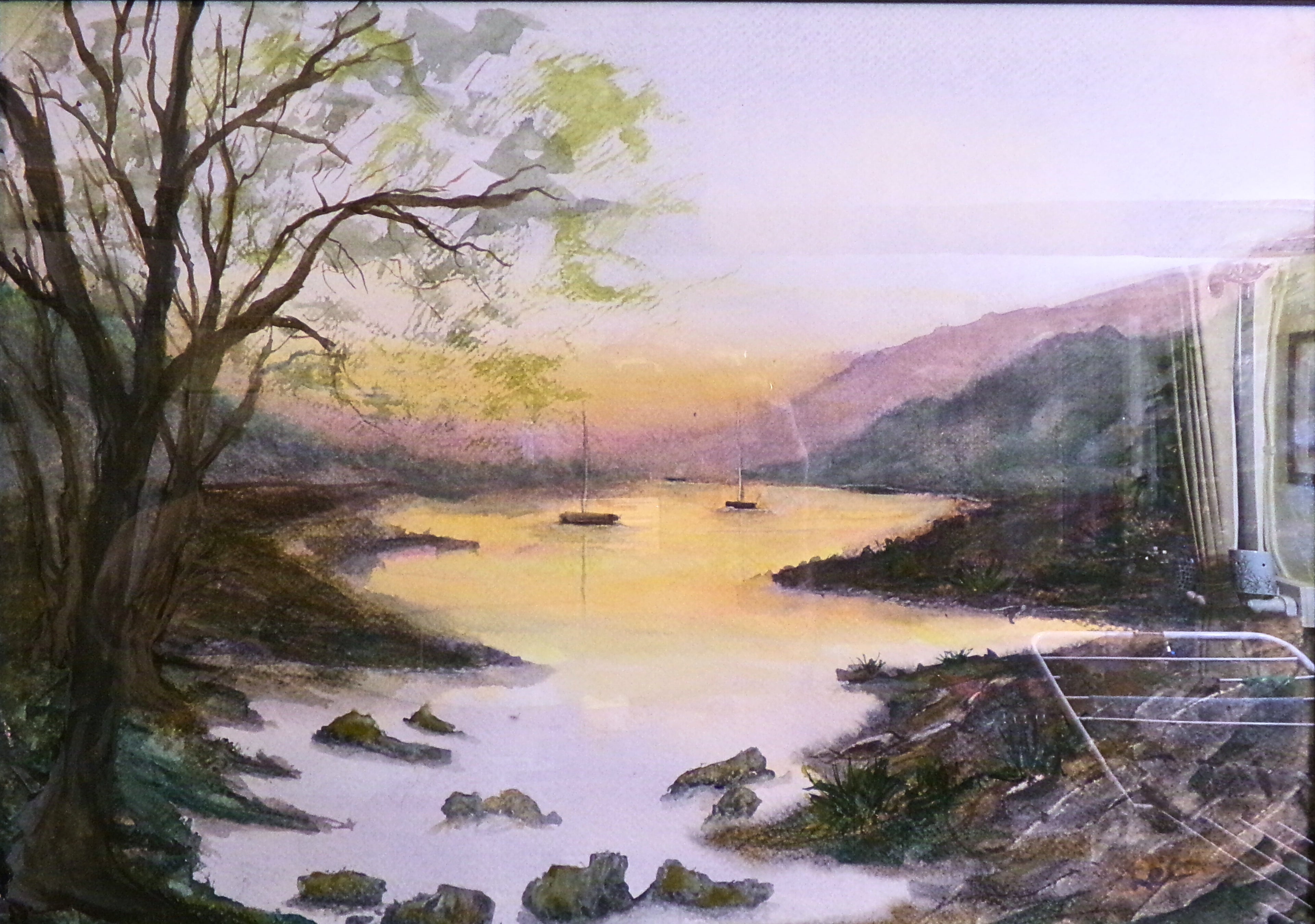 “Anchored at Dusk” – Original Framed Watercolor Lakeside Scene