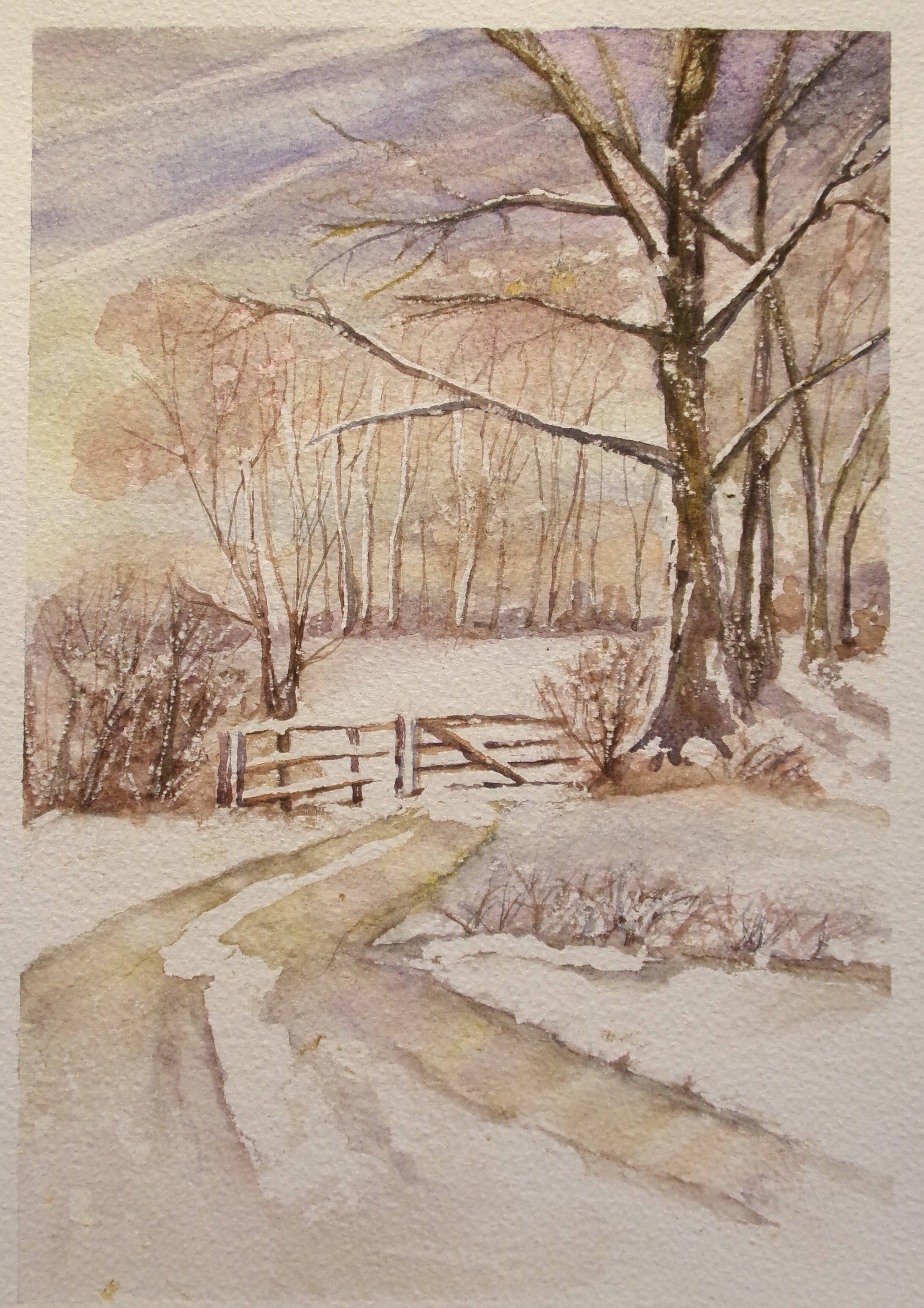 Winter Gate – Snowy Path Watercolor Scene