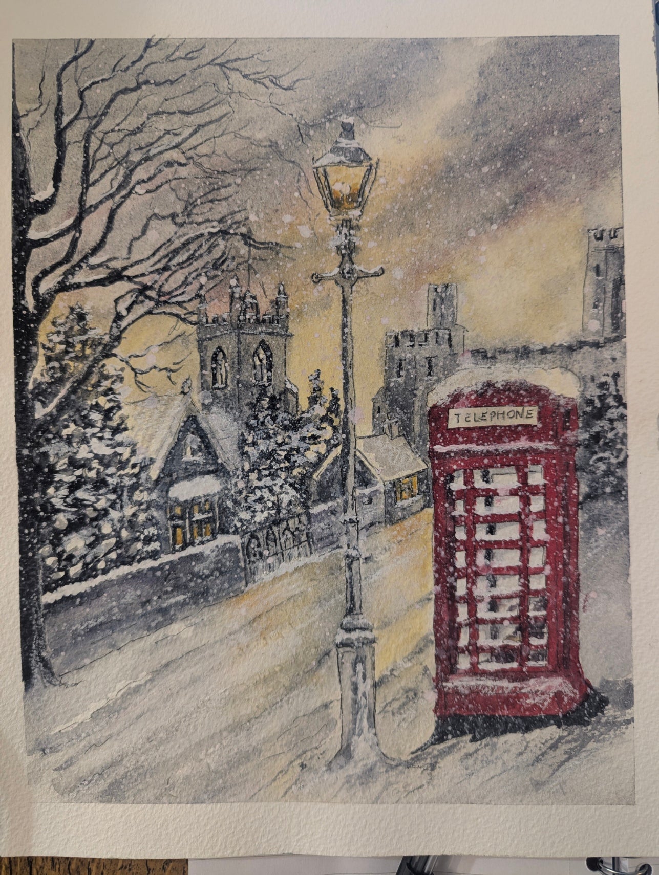 "Snowy British Village" Watercolor Art Print – Red Telephone Box Scene